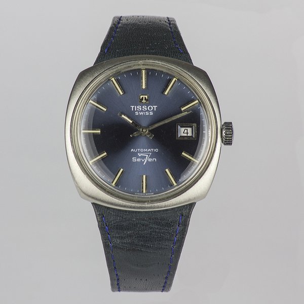 ungewöhnliche 70er-Jahre TISSOT ‘Automatic 7’ Uhr mit blauem Zifferblatt und seltener Gehäuseform